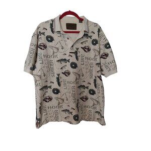North River Fishing Print Short Sleeve Polo Shirt Size L 100% Cotton Mens Appare